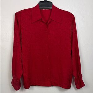 Vintage Red Silk Feel Button Front Blouse Long Sleeve Classic Size M